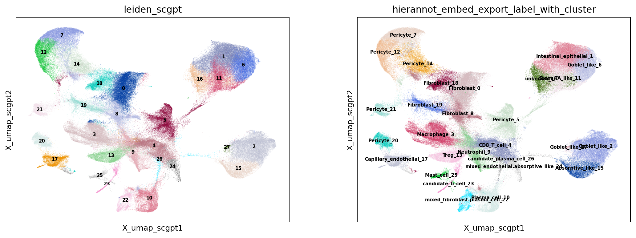 UMAP of embedding-based clustering and the corresponding HierAnnot labels